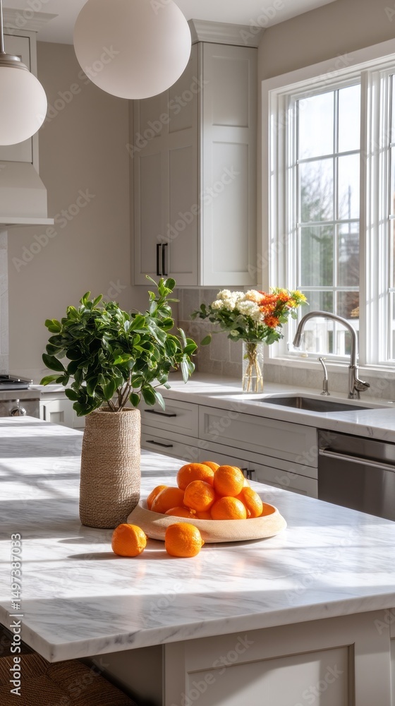Poster a well-lit kitchen showcases a marble island adorned with fresh oranges and a textured vase filled w