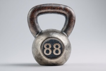 A close-up of a heavy, silver-colored kettlebell, bearing the number 88, used for strength training and fitness exercises on white background studio shot.