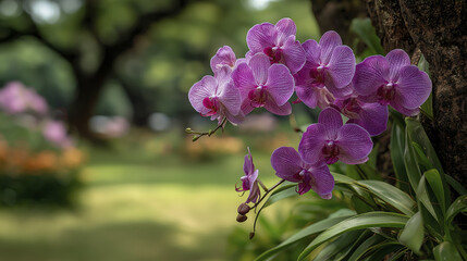 Obraz premium Group of purple phalaenopsis orchids grow on tree trunk, radiating beauty and peace in garden. flowers seems graceful and elegant, bring joy to nature