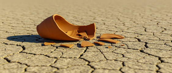 Broken clay pot on dry cracked earth