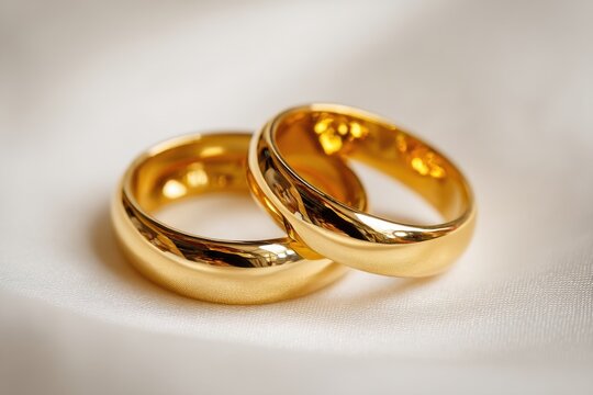 Close-up of two golden wedding rings resting on soft white silk fabric, symbolizing love, commitment and eternal bond, perfect for wedding and engagement themes.