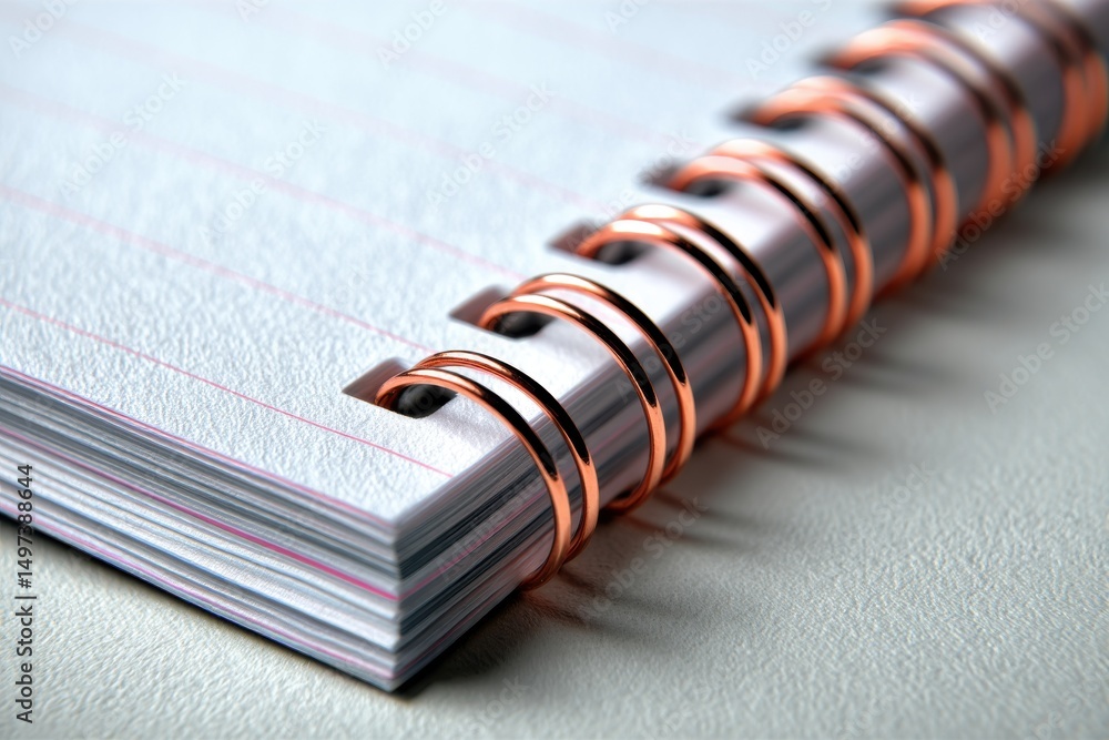 Poster close-up of a spiral notebook with lined paper and copper-colored binding rings, showcasing texture 