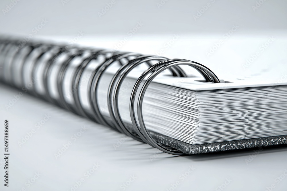 Poster a close-up studio shot capturing the metallic spiral binding of a notebook with focus on its pages, 