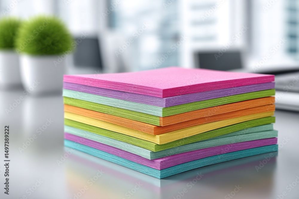 Poster close-up studio shot featuring a vibrant stack of colorful sticky notes resting on a desk, with blur