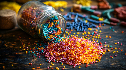 Colorful beads spilling from a glass jar onto a dark wooden surface.  A vibrant and close-up image perfect for craft, hobby, or jewelry projects.