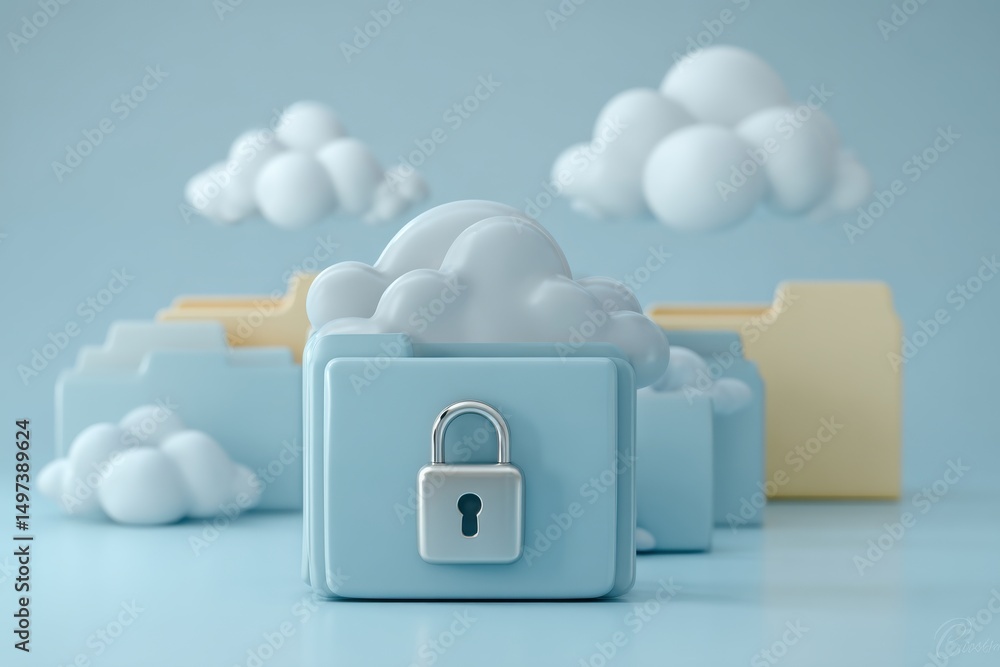 Poster a conceptual 3d render of cloud storage with folder and padlock for secure data management, demonstr