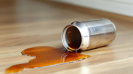 Accidental spill: A beverage can mishap on wooden surface creating a sticky mess