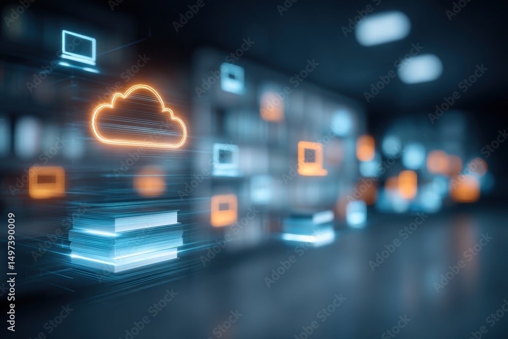 Poster an abstract illustration of cloud computing and data storage with neon icons, showing a cloud data s