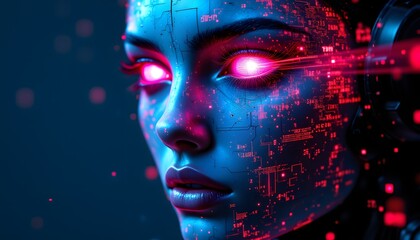 A digital visage fractured by digital errors, rendering the android's once smooth face into a mosaic of distorted squares