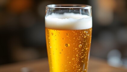 A tall, slender glass showcases the golden hue of a crisp, refreshing beer. Tiny bubbles rise steadily through the liquid, forming a delicate, frothy head that clings to the side of the glass