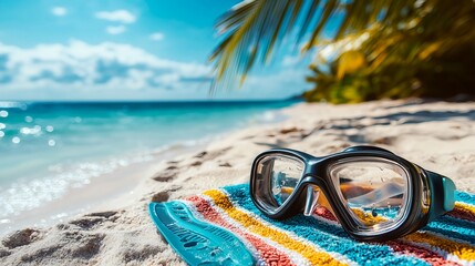 Snorkel Mask on Colorful Towel by Tropical Beach with Palm Tree
