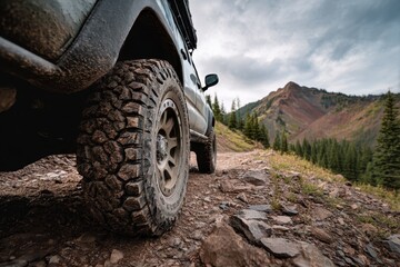 
Off-road tires gripping rugged terrain on an overland vehicle in a mountain setting