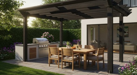 Fototapeta premium Outdoor patio design featuring modern pergola and grill
