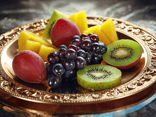 an ornate plate made of rose gold and studded with diamonds, hosting finely cut jewel fruits