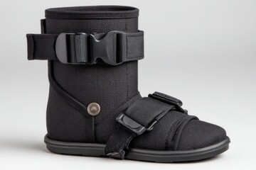 Close-up studio shot of a black orthopedic walking boot designed for foot and ankle support, featuring adjustable straps and a sturdy sole, set against a plain background.