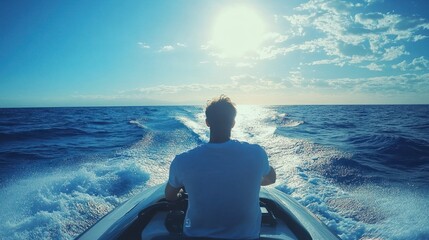 Fototapeta premium Man driving a motorboat on a sunny ocean