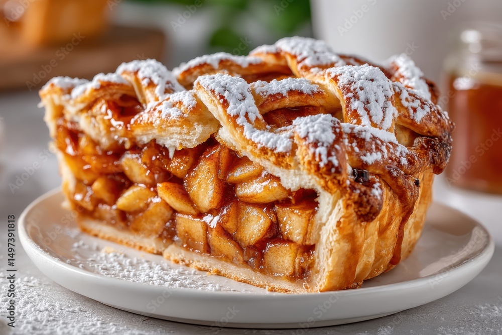 Poster a delectable slice of homemade apple pie with lattice crust, generously dusted with powdered sugar, 