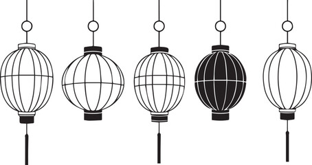 Vector set of Chinese lanterns in line art style, decorations for the Lunar new year, lantern festival or mid autumn festival