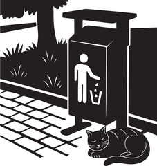 Silhouette of Cat Near Public Trash Bin on Park Sidewalk