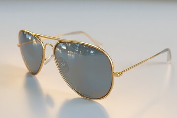 A close-up studio shot of elegant gold aviator sunglasses with reflective lenses, providing both style and UV protection for sunny days and stylish outfits.