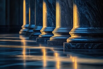 Fototapeta premium Elegant Marble Columns with Reflections in Dim Light Setting