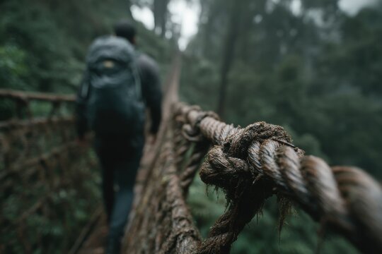 Fototapeta A man with a backpack walks across a hanging rope bridge in a misty forest, with the focus on the weathered ropes and dense green background, creating a sense of adventure and isolation.