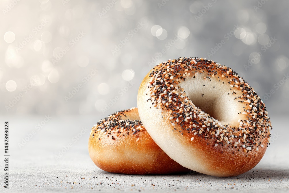 Poster a close-up shot of two fresh bagels with everything seasoning on a textured surface, illuminated by 
