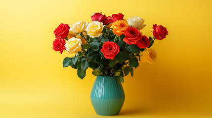 Fototapeta premium This composition features a graceful vase filled with a gorgeous rose bouquet, set off by a sunny yellow background.