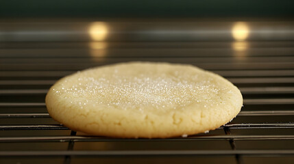 Freshly baked sugar cookie glistening on a cooling rack after baking