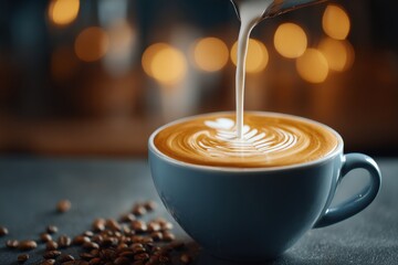 Fototapeta na wymiar Close-up of creamy milk pouring into coffee with latte art in a blue cup, creating a warm and inviting ambiance, surrounded by scattered coffee beans.