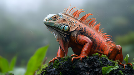 Fototapeta premium Vibrant red iguana in rainforest, rain, detailed scales, mossy rock.