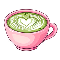 Cute Pink Cup of Matcha Latte with Heart Foam Art Illustration

