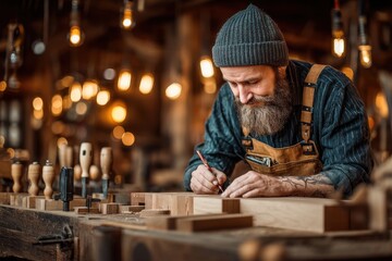 A dedicated craftsman meticulously marking wooden pieces in his warm and inviting workshop, adorned with vintage lighting and traditional tools displayed.