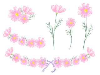 Hand-drawn watercolor illustration set of cosmos flowers, autumn landscape, Respect for the Aged Day / コスモスの花の手描き水彩イラストセット、秋の風景、敬老の日