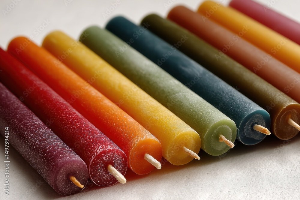 Poster a vibrant assortment of colorful taper candles arranged neatly in a row, showcasing a spectrum of hu