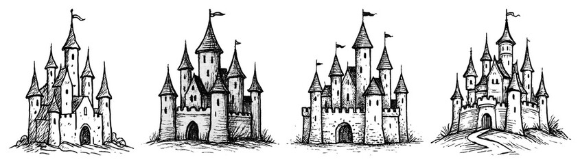 Obraz premium PNG Vintage castle silhouette illustrations, element set on transparent background