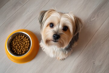 Feeding bowl with dry pet food and cute dog on floor at home