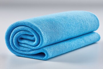 A neatly rolled turquoise microfiber towel, showcased on a clean surface, perfect for illustrating spa treatments, cleaning supplies, or textile product photography.