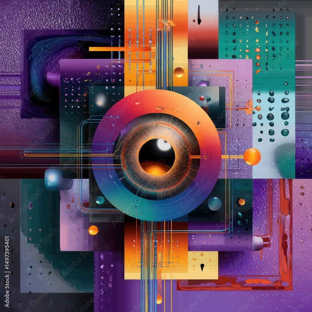 Poster a colorful abstract painting with a large eye in the center