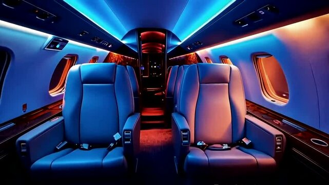 Luxurious jet cabin blue leather seats and mood lighting
