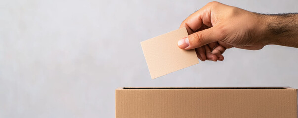 Hand inserting feedback card into suggestion box closeup neutral background concept of opinion voting survey participation decision making