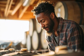A handsome African American man in a winery, carefully inspecting wine barrels in a cellar with soft, natural light and a focus on craftsmanship and tradition.