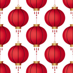 "Seamless Pattern of Traditional Red Chinese Lanterns on White Background"

