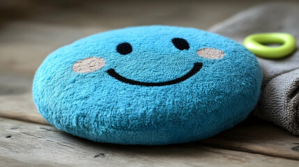 Close-up of plush, turquoise smiley face pillow on a weathered wooden surface