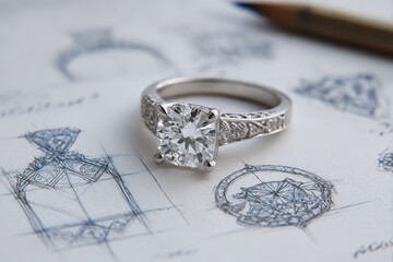 Intricate diamond engagement ring with sketches of different design drafts, showcasing the jewelry design process
