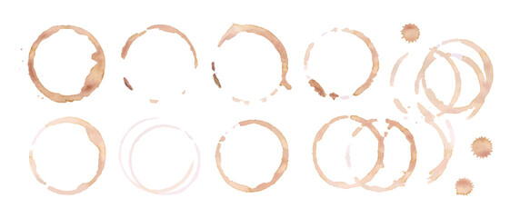 Coffee or tea stain drink cup rings vector illustration set isolated on white background. Coffee stain marks ring cup spot trace. Brown round splashes of drink collection.