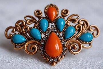 Fototapeta premium A close-up of a vintage brooch featuring turquoise and orange teardrop stones, with an intricate gold metalwork design, giving it an antique and elegant appearance.