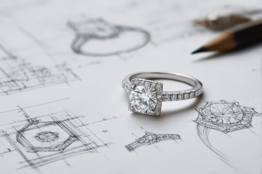 Intricate diamond engagement ring with sketches of different design drafts, showcasing the jewelry design process

