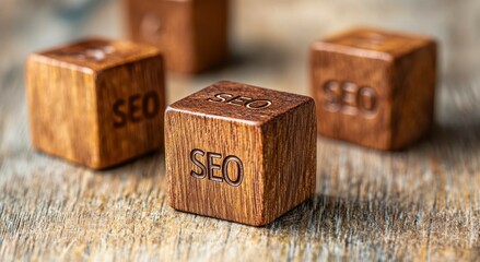 SEO Wooden Blocks concept. Wooden cubes with carved SEO letters displayed on textured wooden surface, representing digital marketing strategy and content