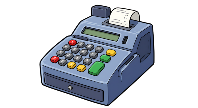 Cash register cartoon with keys and receipt